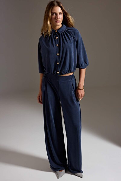Trendyol Collection Navy Blue Plain Relaxed Polo Collar Buttoned Wide Leg Kni...