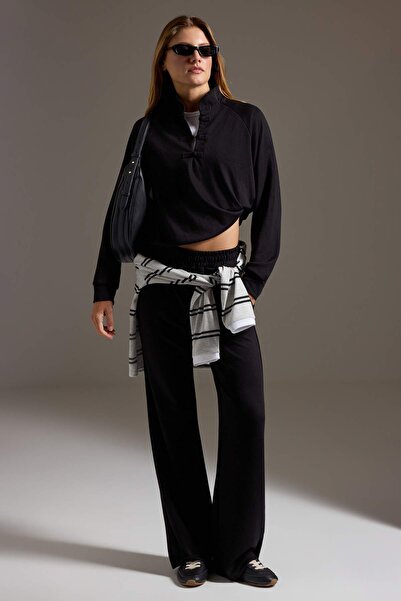 Trendyol Collection Black Plain Regular Fit Chinese Button Wide Leg Soft Touc...