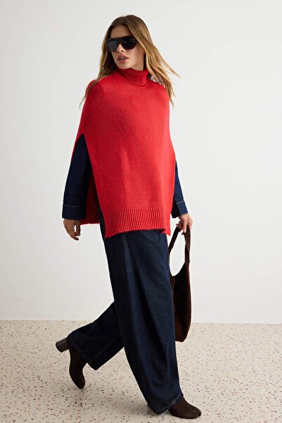 Trendyol Collection Red Soft Textured Stand Collar Sleeveless Cape/Cape Knitw...