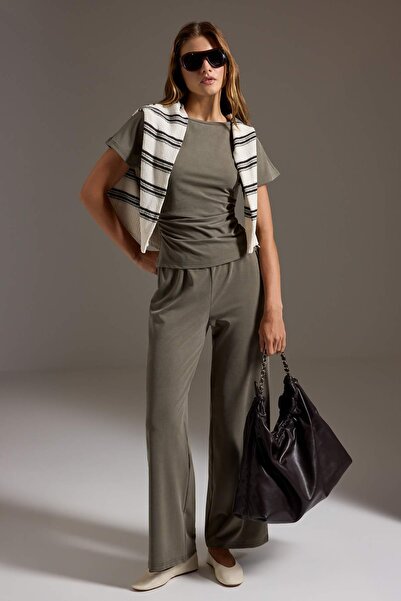 Trendyol Collection Khaki Plain Fitted/Wide-Leg Gathered Knitted Top and Bott...