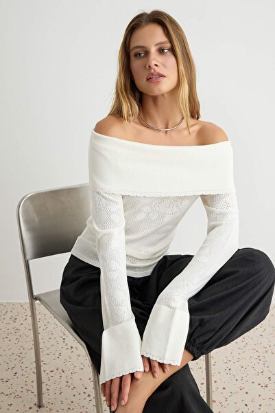 Trendyol Collection Ecru Carmen Collar Openwork Fitted Knitwear Sweater Twoaw...