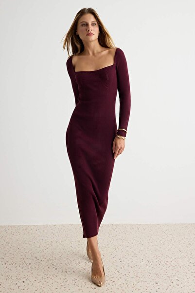 Trendyol Collection Plum Heart Collar Bodycone Maxi Knitwear Dress Twoaw27El0...