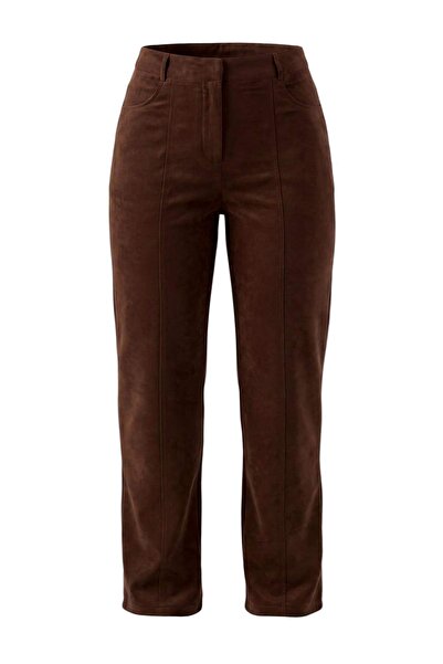 Trendyol Collection Dark Brown Faux Suede Straight Cut Trousers Twoaw27Pl00072