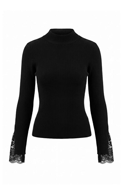 Trendyol Collection Black Premium Yarn/Special Yarn Sleeve Tip Lace Trim Knit...