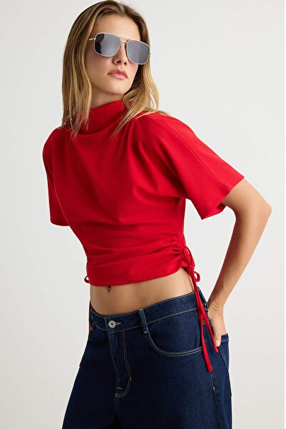 Trendyol Collection Red Plain Degaje Collar Side Gathered Fitted/Slim Fit Kni...