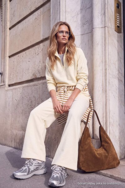 Trendyol Collection Light Yellow Plain Regular High Neck Zipper Wide Leg Thic...
