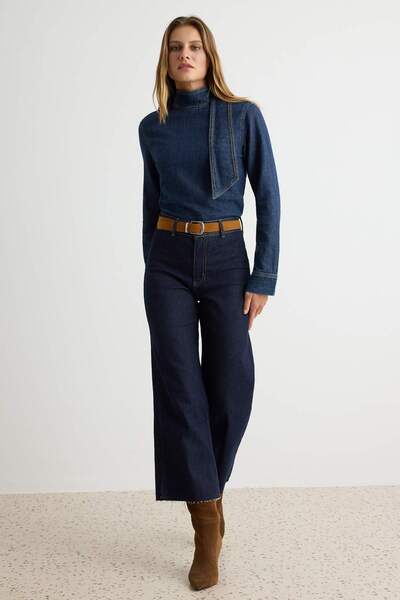 Trendyol Collection Blugi culotte albastru închis, cu elasticitate medie, tal...