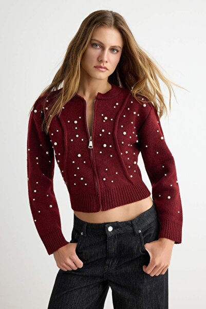 Trendyol Kollektion Burgunderrote, weich strukturierte Strickjacke mit Reißve...