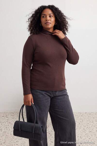 Trendyol Curve Brown Soft Fabric Turtleneck Fitted/Flex Knitted Blouse Tbbaw2...