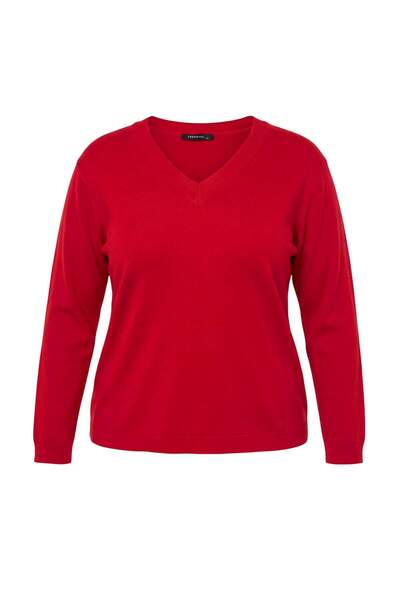 Trendyol Curve Wardrobe Essentials Roter, figurbetonter Strickpullover mit V-...