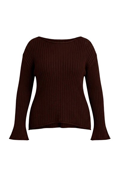 Trendyol Curve Wardrobe Essentials Brauner gerippter Pullover mit flachem Boo...