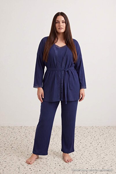 Trendyol Curve Marineblaues 3-teiliges Set aus 100 % Baumwolle, gestricktes P...