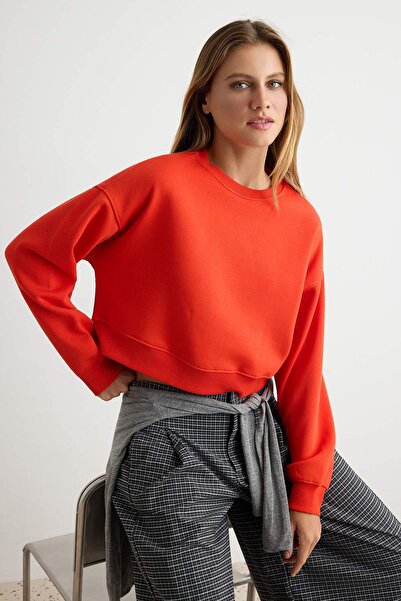 Trendyol Collection Red Thick Fleece Lined Oversize Crop Crew Neck Knitted Sw...