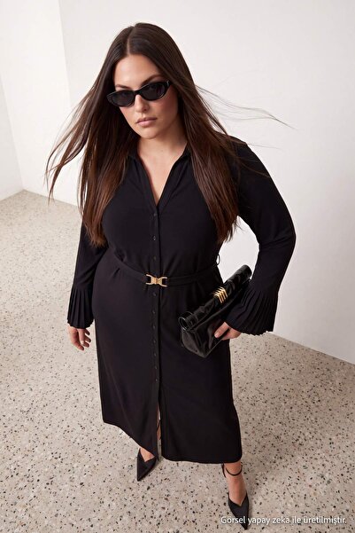 Trendyol Curve Rochie neagră tricotată cu detalii accesorii și nasturi, lungi...