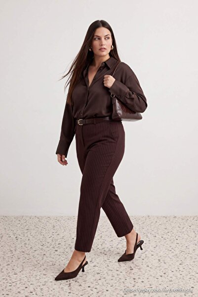 Trendyol Curve Brown High Waist Striped Wide Leg Plus Size Pants Tbbaw27Ar00017