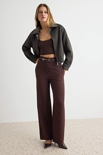 Trendyol Collection Brown Straight Wide Leg Scuba Crepe Knitted Trousers Twoa...
