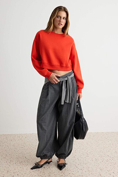 Trendyol Collection Red Thick Fleece Lined Oversize Crop Crew Neck Knitted Sw...