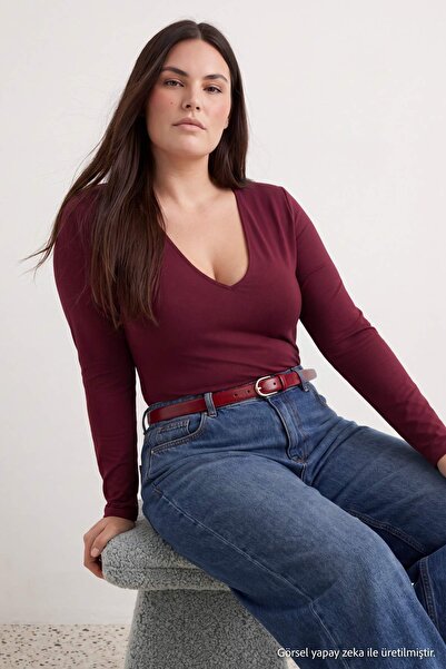 Trendyol Curve Burgunderroter Basic-Strickbody mit tiefem V-Ausschnitt und Dr...