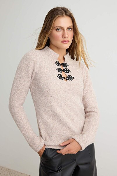 Trendyol Collection Beige Soft Textured Trend/Mandarin Button Detailed Knitwe...