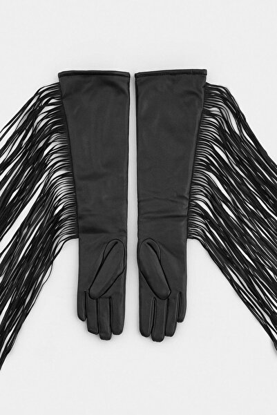 TRENDYOL SHOES Schwarze Lederhandschuhe für Damen mit Quastendetails TAKAW27E...