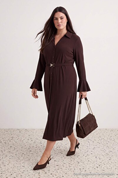 Trendyol Curve Brown Accessory Detailed Buttoned Maxi Length Knitted Plus Siz...