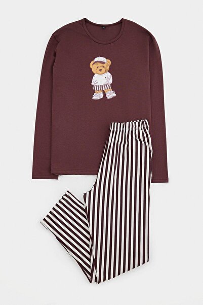 Trendyol Collection Set de pijamale tricotate cu imprimeu cu ursuleț, cu dung...