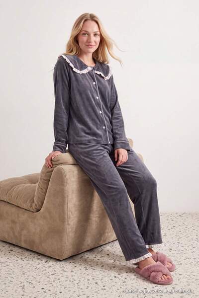 Trendyol Collection Anthracite Ruffle Trim and Collar Detailed Velvet Knitted...