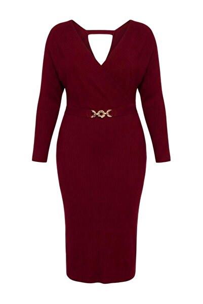 Trendyol Curve Burgundy Double Breasted Belted Midi Length Knitwear Plus Size...
