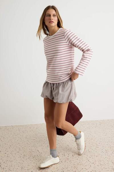 Trendyol Collection Pink Striped Interlock Oversize/Wide Cut Crew Neck Knitte...