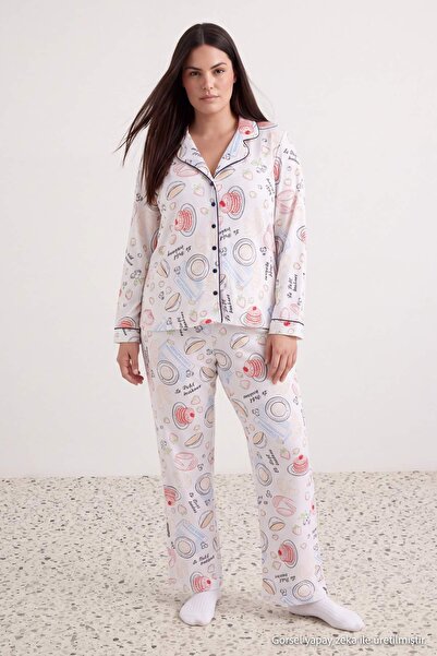 Trendyol Curve Ecru 100% Cotton Fun Printed Ribbed Knitted Pajama Set Tbbaw27...