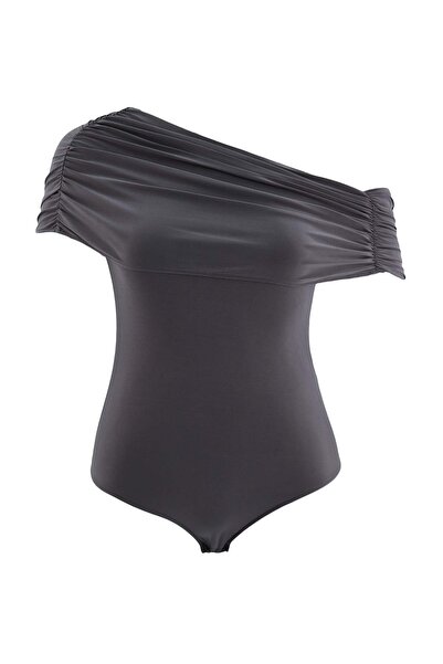 Trendyol Curve Anthracite Asymmetric Collar Gathered Detailed Snap Fastener K...