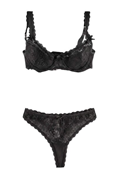 Trendyol Collection Black Thin Strap Bow Detailed Lace Lingerie Set Thmaw27Cc...
