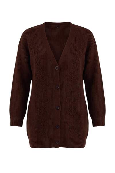 Trendyol Modest Brown Embroidered Long Soft Textured Single Plate Knitwear Tc...