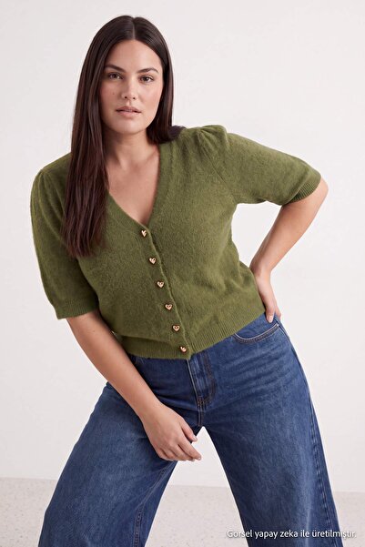 Trendyol Curve Oil Green Large Size Crop V-Neck Heart Button Half Sleeve Card...