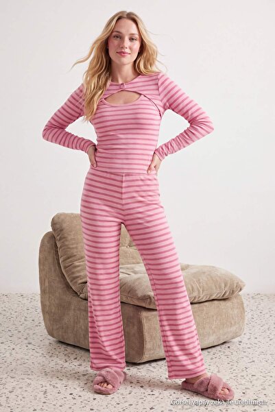 Trendyol Collection Pink 3-Piece Striped Bolero Viscose Ribbed Knitted Pajama...