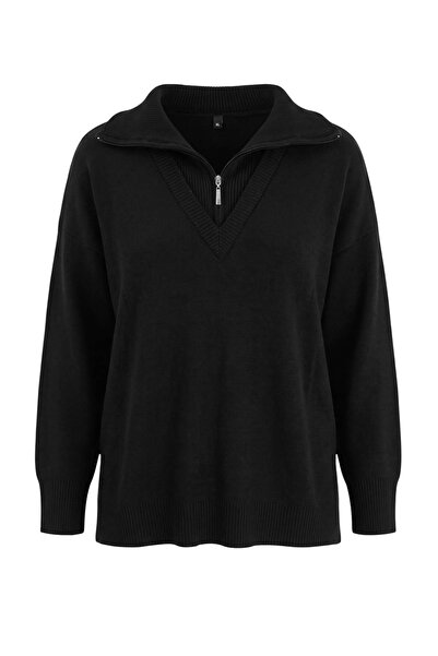 Trendyol Curve Black Turn-Down Collar Zippered Knitwear Sweater Tbbaw26An00015