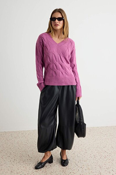 Trendyol Collection Purple Soft Textured V-Neck Hair Knit Oversize Knitwear S...