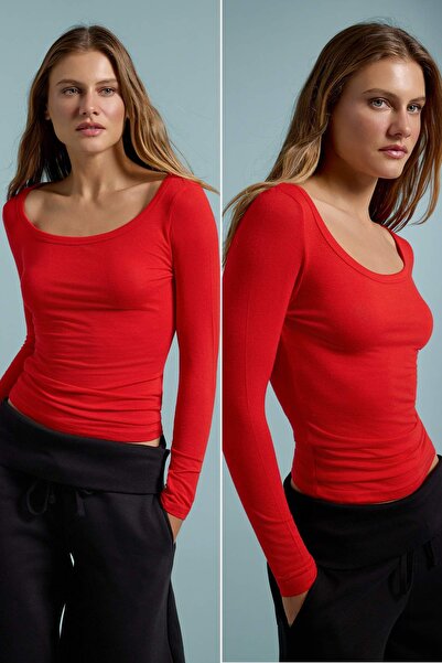 Trendyol Collection Red Cashmere Blended Ultra Light Transparent Bodycon Cowl...