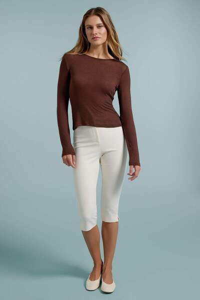 Trendyol Collection Brown Wool Ultra Light Transparent Fitted/Cut-Fit Crew Ne...