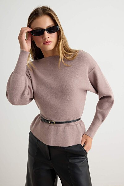 Trendyol Collection Pulover tricotat cu guler bărcuță, cu detaliu curea și mâ...