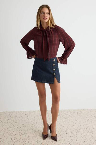 Trendyol Collection Burgundy Scarf Detailed Woven Shirt Twoaw27Go00105