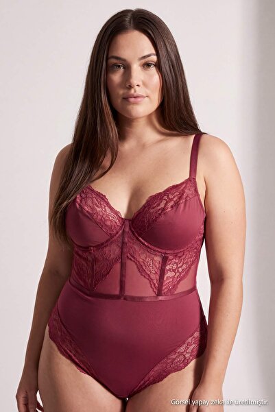 Trendyol Curve Purple Lace Detailed Sexy Plus Size Body Tbbaw27Cs00003
