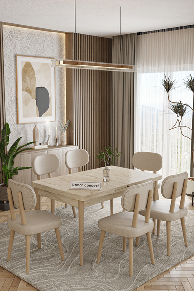 UZMHOME 80 x 130 Açılabilir Traverten Mutfak Masa Takımı Yemek Odası Takımı S...