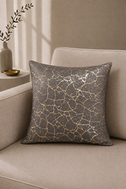 Bumedo Altın Varak Desenli Dekoratif Tekli Kırlent Yastık Kılıfı 42x42 Cm - Füme