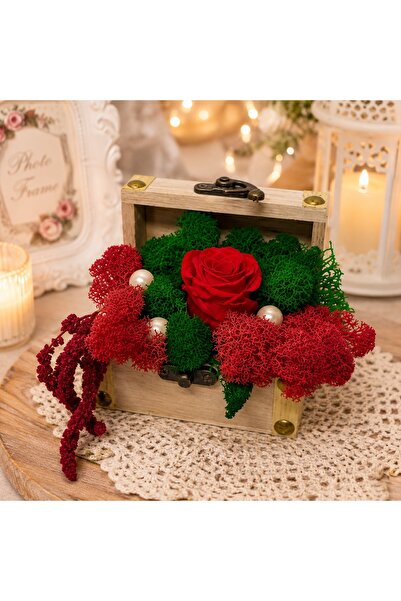 velve Aranjament floral cu trandafir criogenat rosu, licheni conservati si pe...