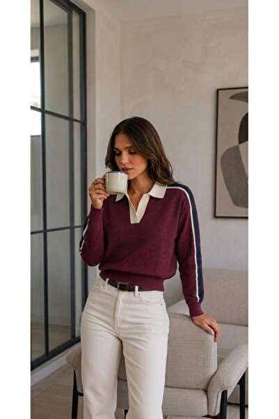 LocaMz Women's Burgundy Brown Oversize Knitwear Sweater - Soft Textured Crew ...