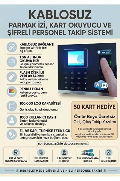 Kablosuz Parmak ve Kart Okuyucu + 50 Kart Hediye + Giriş Çıkış ve Maaş Programı