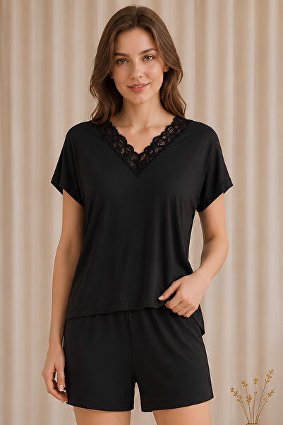 Jusmart Women's Black Short-Sleeved V-Neck Lez Lace Viscose Shorts Set with P...
