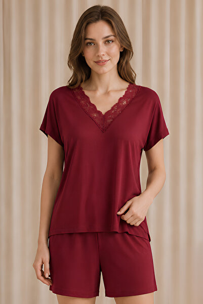 Jusmart Women's Red Short-Sleeved V-Neck Lez Lace Viscose Shorts Set with Poc...