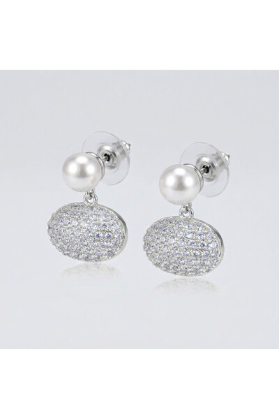 Siya Silver Special Series Zircon Stone and Pearl Steel Stud Earrings - Gift ...